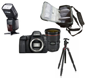 Canon EOS 6D Mark II 24-70 + Camera Bag + Flash + Tripod Kit